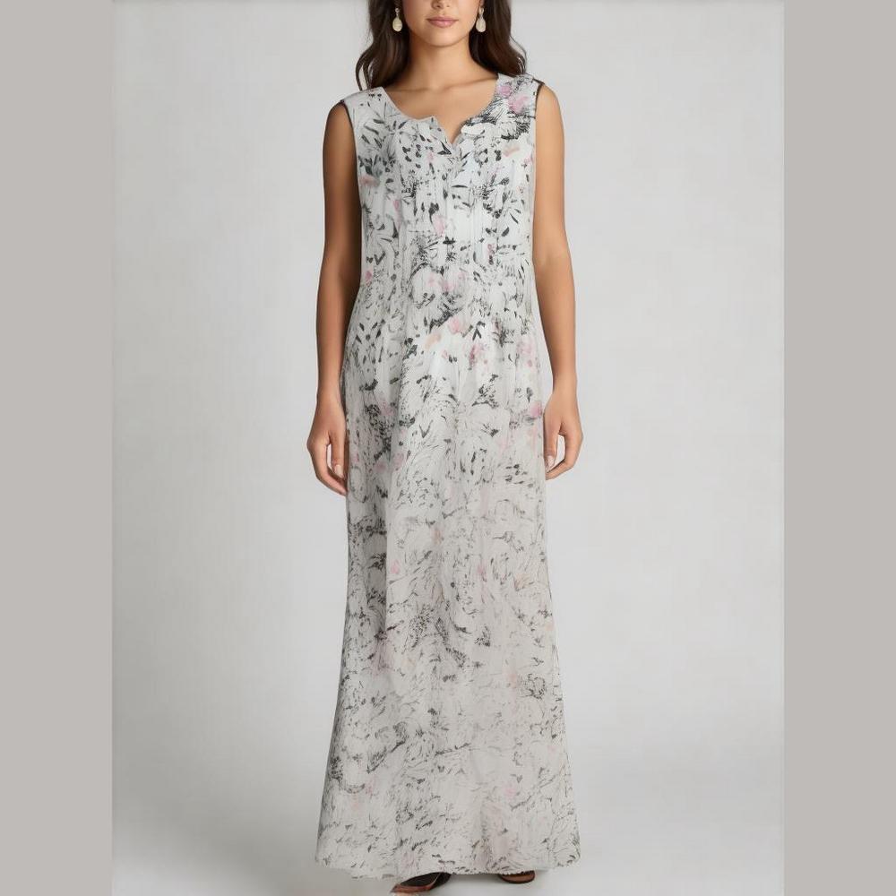 Chadwick Romantic Sleeveless Maxi Floral Dress Watercolor Print Summer Linen MT